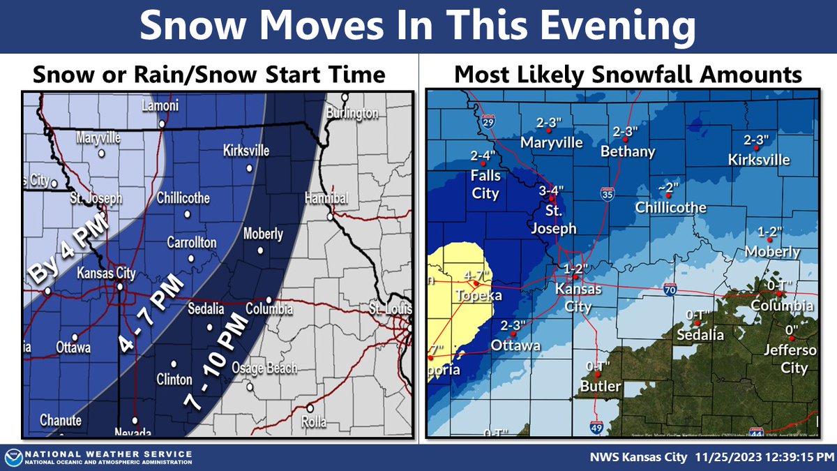 NWSKansasCity's tweet photo. Snow and rain/snow will move in this afternoon and evening. Snowfall amounts around 1-3" will be possible for much of the area. Amounts up to 4 inches will be possible for locations near St. Joseph. https://t.co/ujGVAOlHwX