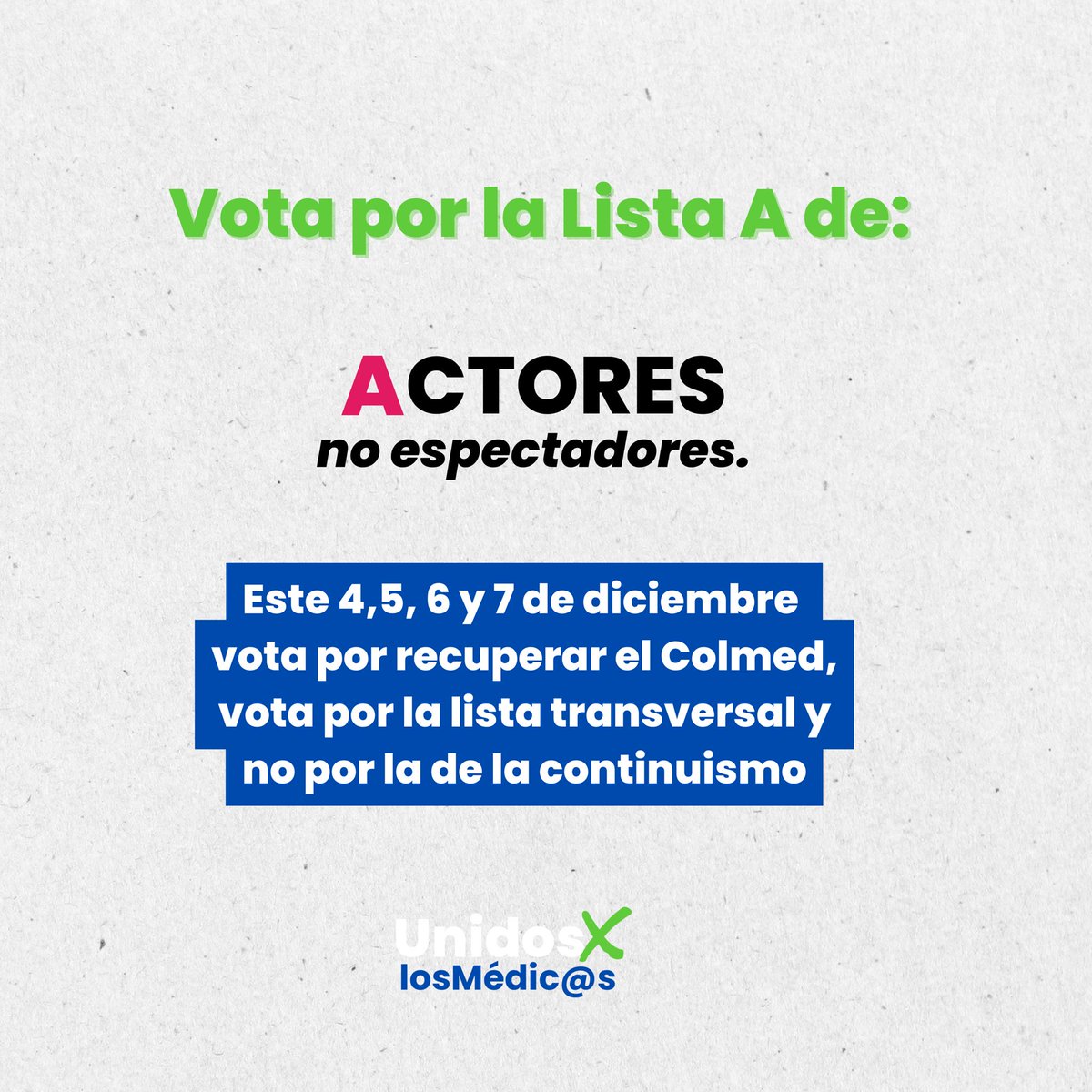 Unidos x los Médic@s, recuperamos el liderazgo en las políticas de salud. Pasamos a ser actores y no espectadores.

👉 Este 4, 5, 6 y 7 de diciembre vota por la Lista A! 

✅ Revisa todas nuestras ideas y propuestas en 🔗unidosxlosmedicos.cl

#UnidosXLosMédicos