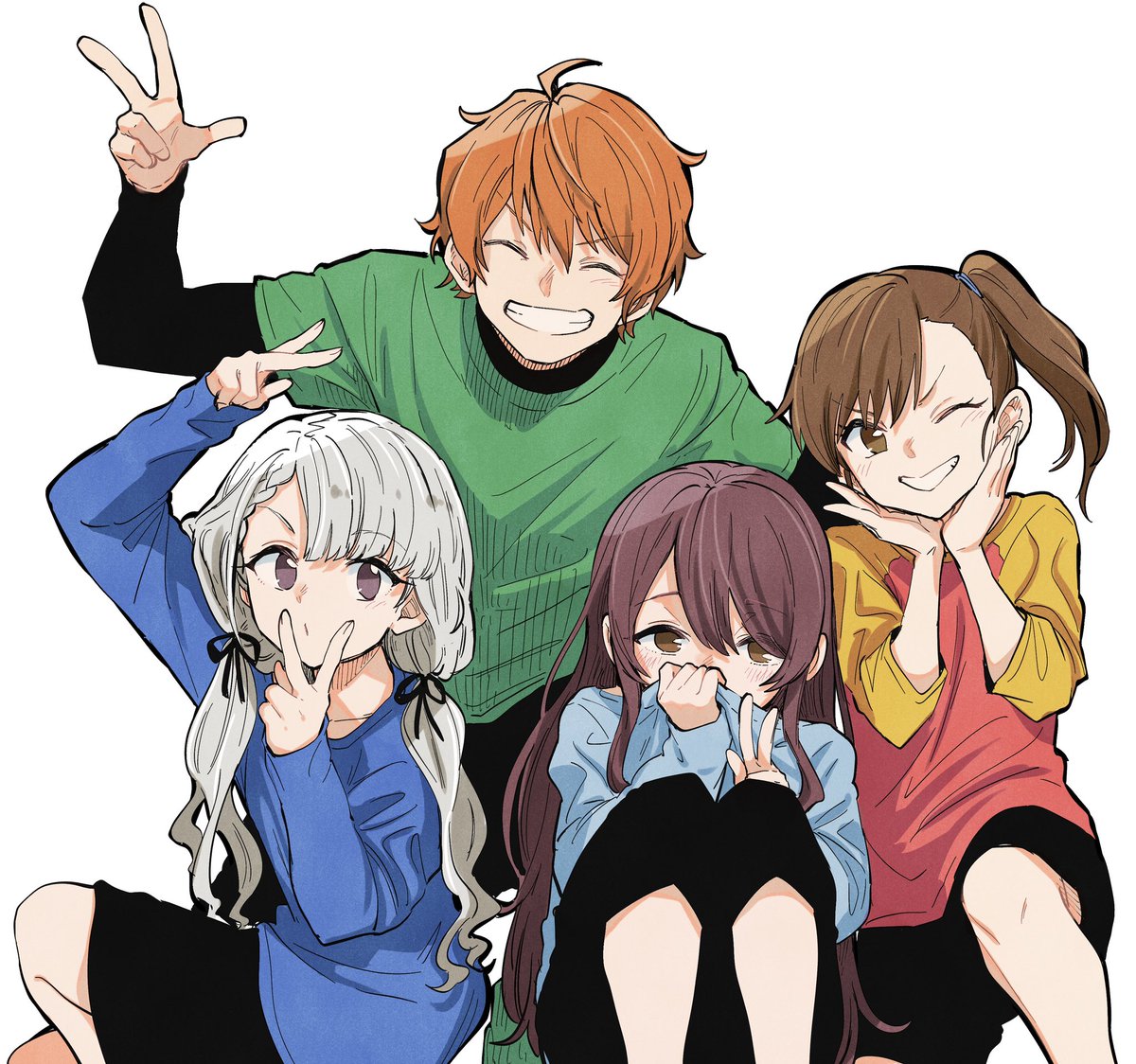 futami mami ,hisakawa nagi multiple girls 3girls twins 1boy siblings side ponytail v  illustration images