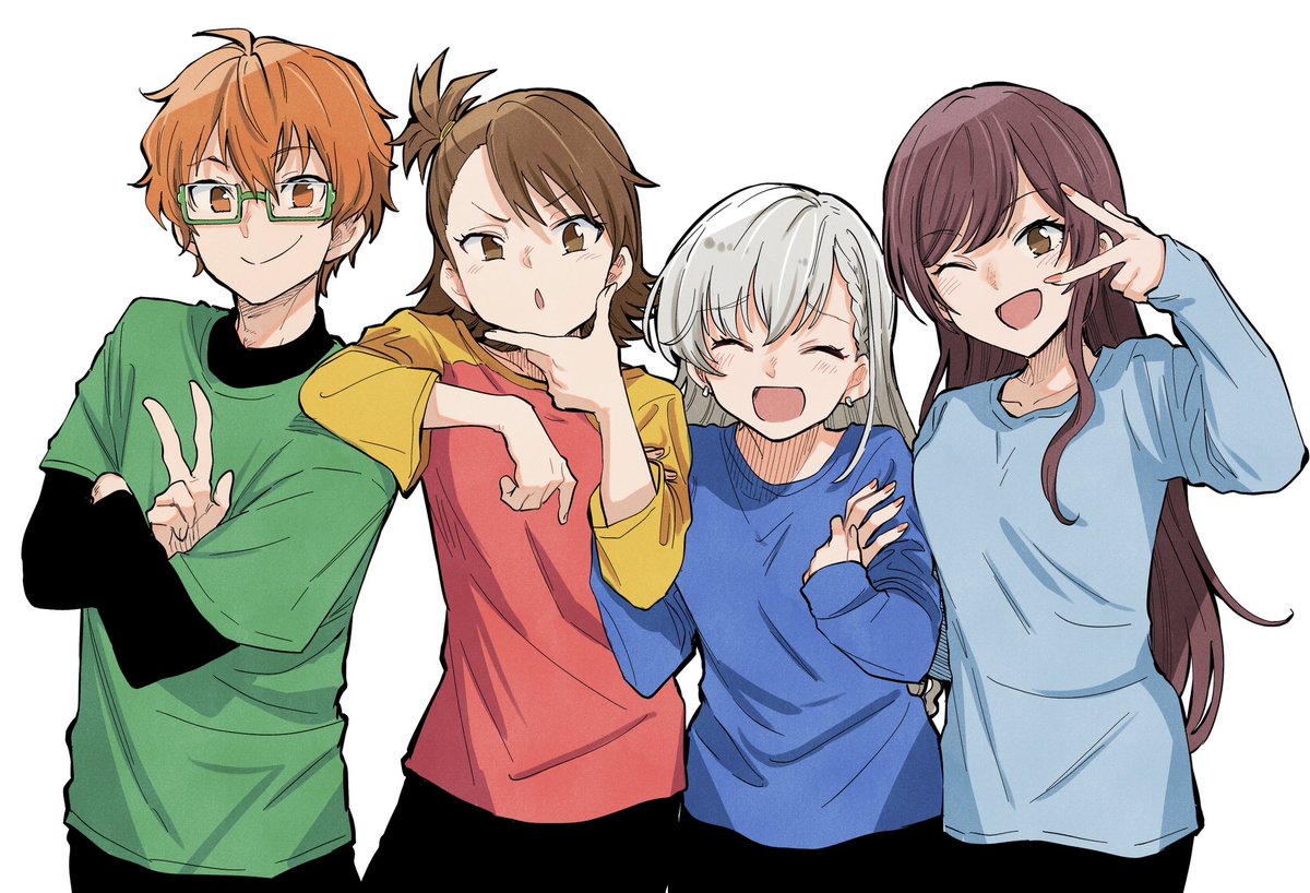 futami mami ,hisakawa nagi multiple girls 3girls twins 1boy siblings side ponytail v  illustration images