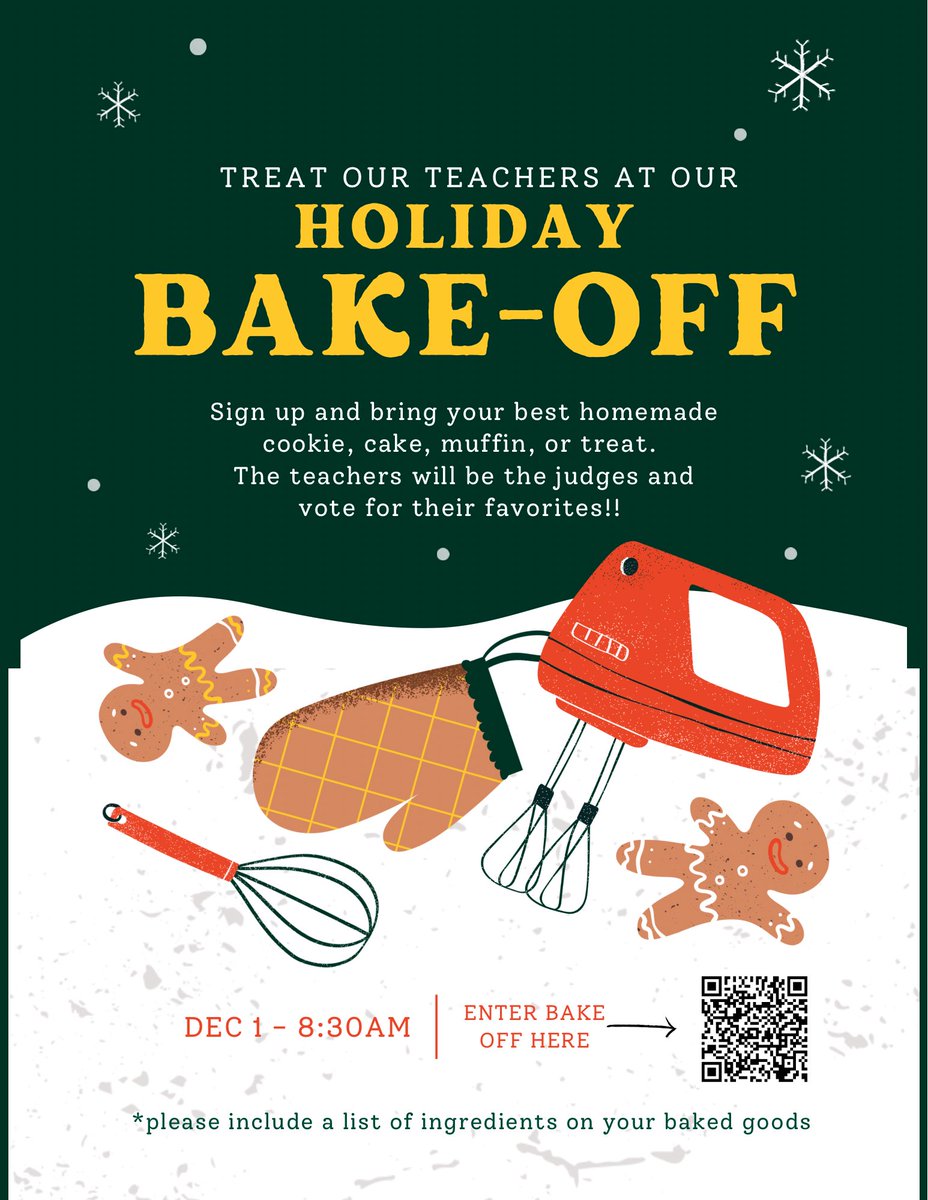 Our Staff Goody Day is this Friday, December 1st. We’re having a Holiday Bake-Off! Please show our teachers how much we love and appreciate them by signing up. Not into baking? That’s ok! Store bought items are also appreciated!

m.signupgenius.com/#!/showSignUp/…