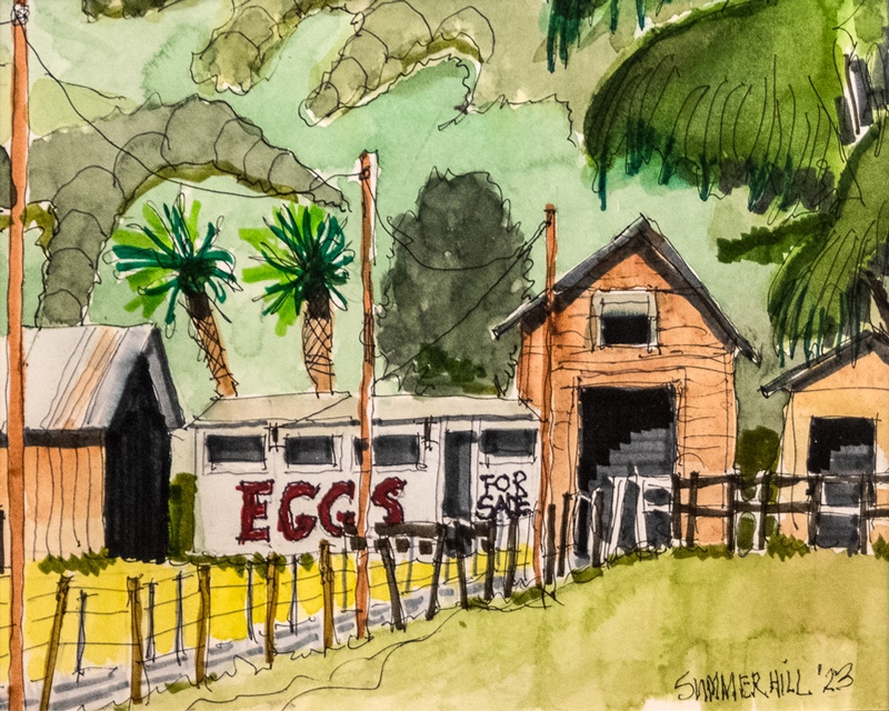 ValleyGallery's tweet photo. Joel Summerhill, "Eggs for Sale," watercolor &amp; pencil, 15 x 18 inches

#bold #contemporary #oldbuildings #eggsforsale #factories #bridges #watercolor #fenceline #perspective #landscape #watercolor #pleinair #pleinairpainting #artgallery #artforsale #artforrent #buyartyoulove https://t.co/91YDAh1uz9