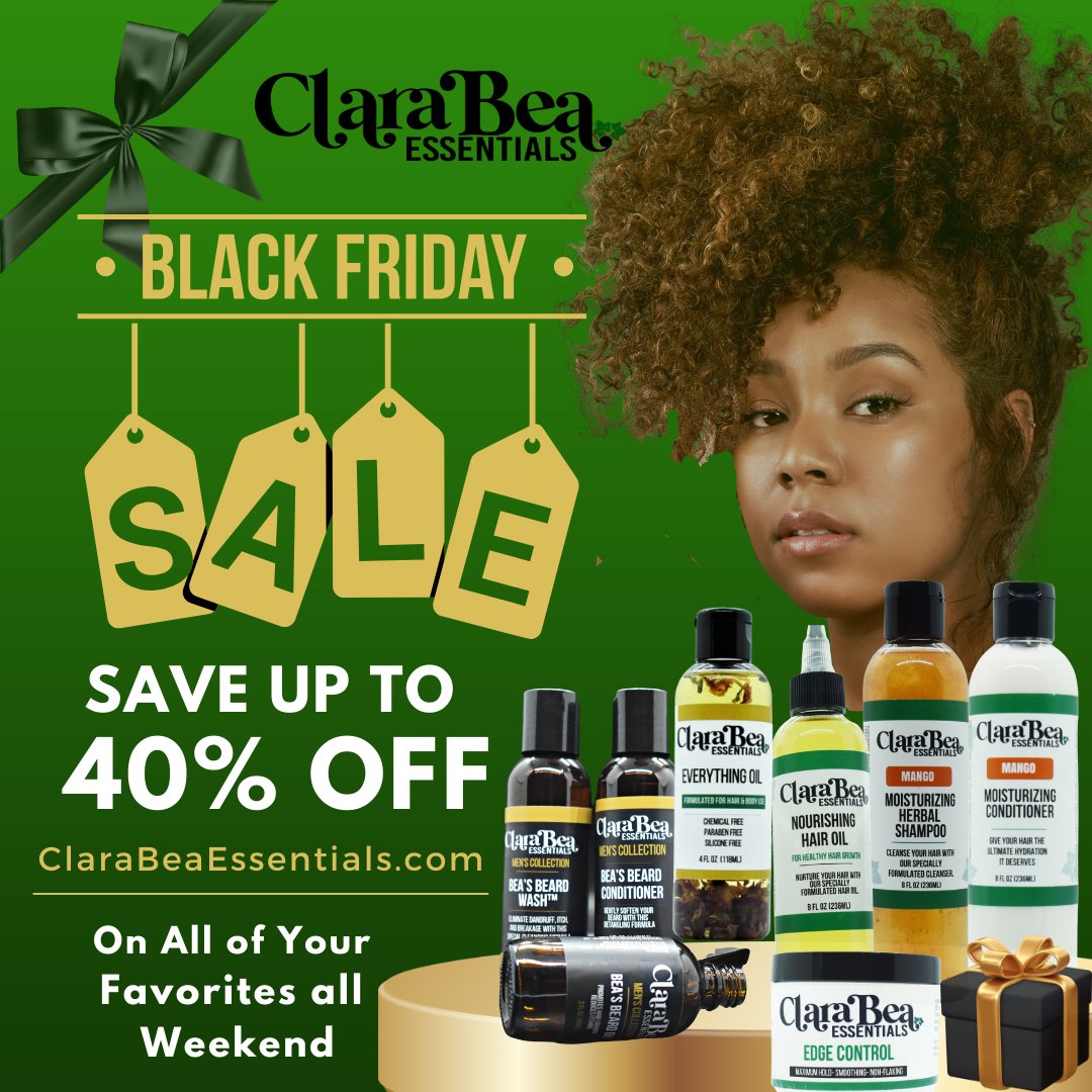 ClaraBeaEssen's tweet photo. ✨️✨️Our Black Friday Sale is LIVE✨️
Ready to revamp your beauty routine? Our Black Friday sale is your chance to get the best deals on natural skincare and haircare products. Don't miss out on our biggest sale of the year!! 🙌🏽🙌🏽
#BlackFridaySale
#ClaraBea 
#naturalproducts https://t.co/HzLhYvjOx0