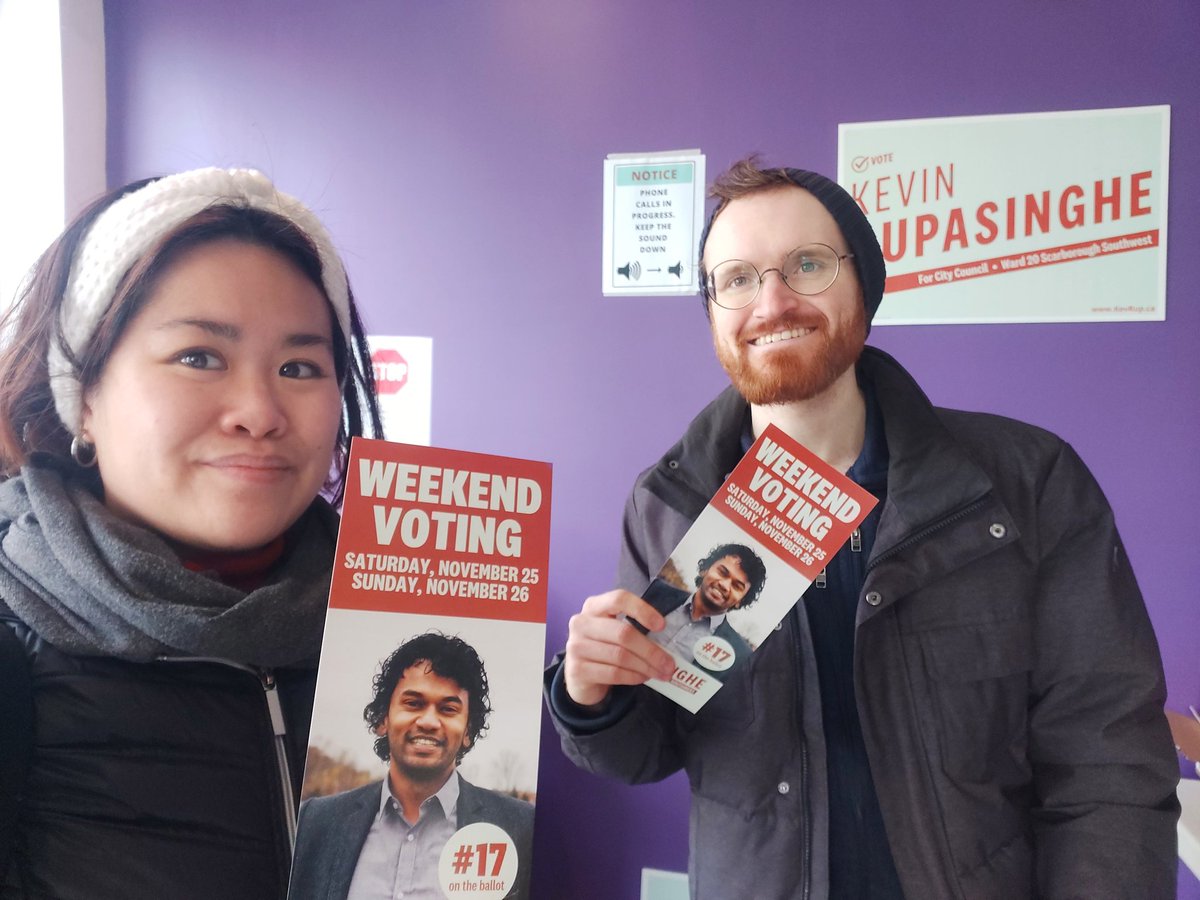 Local4948's tweet photo. We're out here pulling the vote for @KevinRupasinghe City Councillor candidate for #ScarboroughSouthwest! You can vote early this weekend until 7pm at 2 locations: Birchmount Community Centre & Warden Hilltop Community Centre! Vote for Kevin! #ward20 #TOpoli #torontolabour https://t.co/nt1wnH0uRw