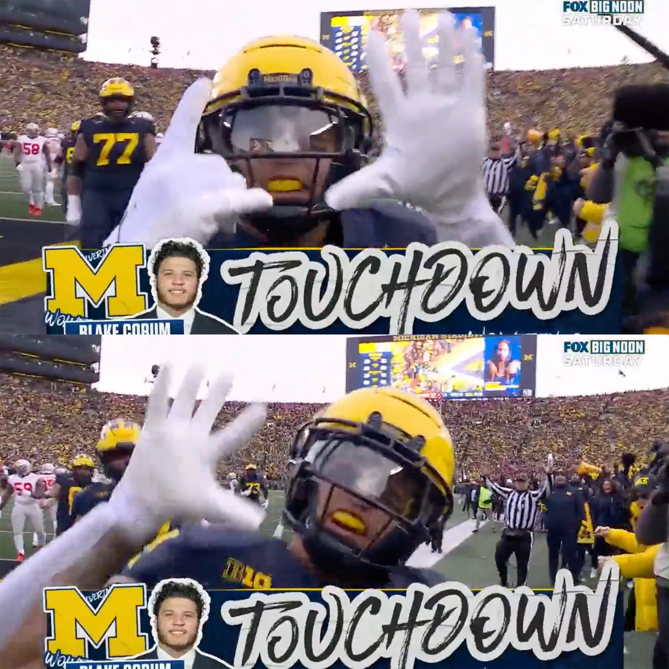 The Sporting News on X: "Blake Corum flashes 65 to the camera after scoring  his touchdown to honor Michigan teammate Zak Zinter who was just carted off  in this game 〽️ https://t.co/MWOsE2Wc9v" /