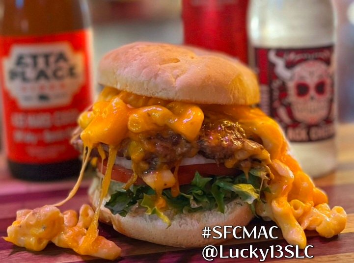 Lucky_13_SLC's tweet photo. #smokehouse #saturday #burgeroftheday #sfcmac the #smoked #fourcheese #macandcheese #burger https://t.co/8tgNOHwPX2