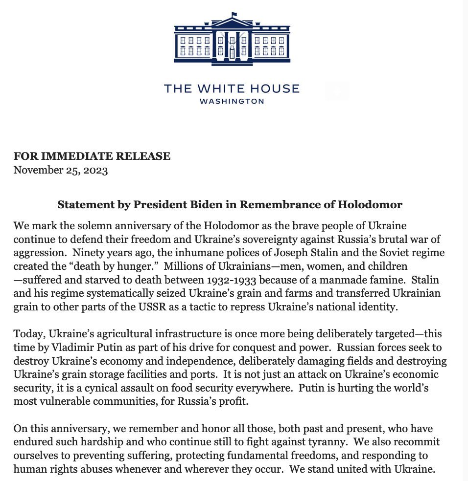 🇺🇸U.S. President #Biden, on behalf of the United States, paid tribute to the victims of the 1932-1933 #Holodomor, comparing the actions of the Stalinist regime to #Putin's policies.