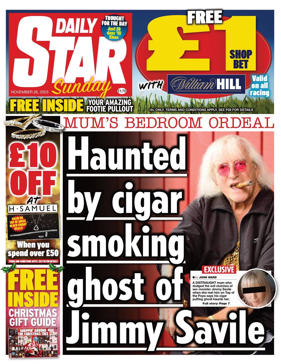 Presenting Sunday’s front page from: #DailyStar Sunday Haunted by cigar smoking ghost of Jimmy Saville For additional #TomorrowsPapersToday and past editions of newspapers and magazines, explore: tscnewschannel.com/category/the-p… #buyanewspaper