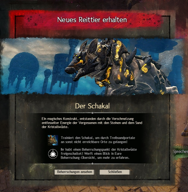 Ich spiele ja ab und an auch #GuildWars2 , aktuell hole ich mir die Mounts, welche 2018 mit Path of Fire eingeführt worden sind. Dienstag war der Schakal dran. :)
Danke an @tmpfauder und @totalgamergirl für die Hilfe, zur Quest zu kommen.