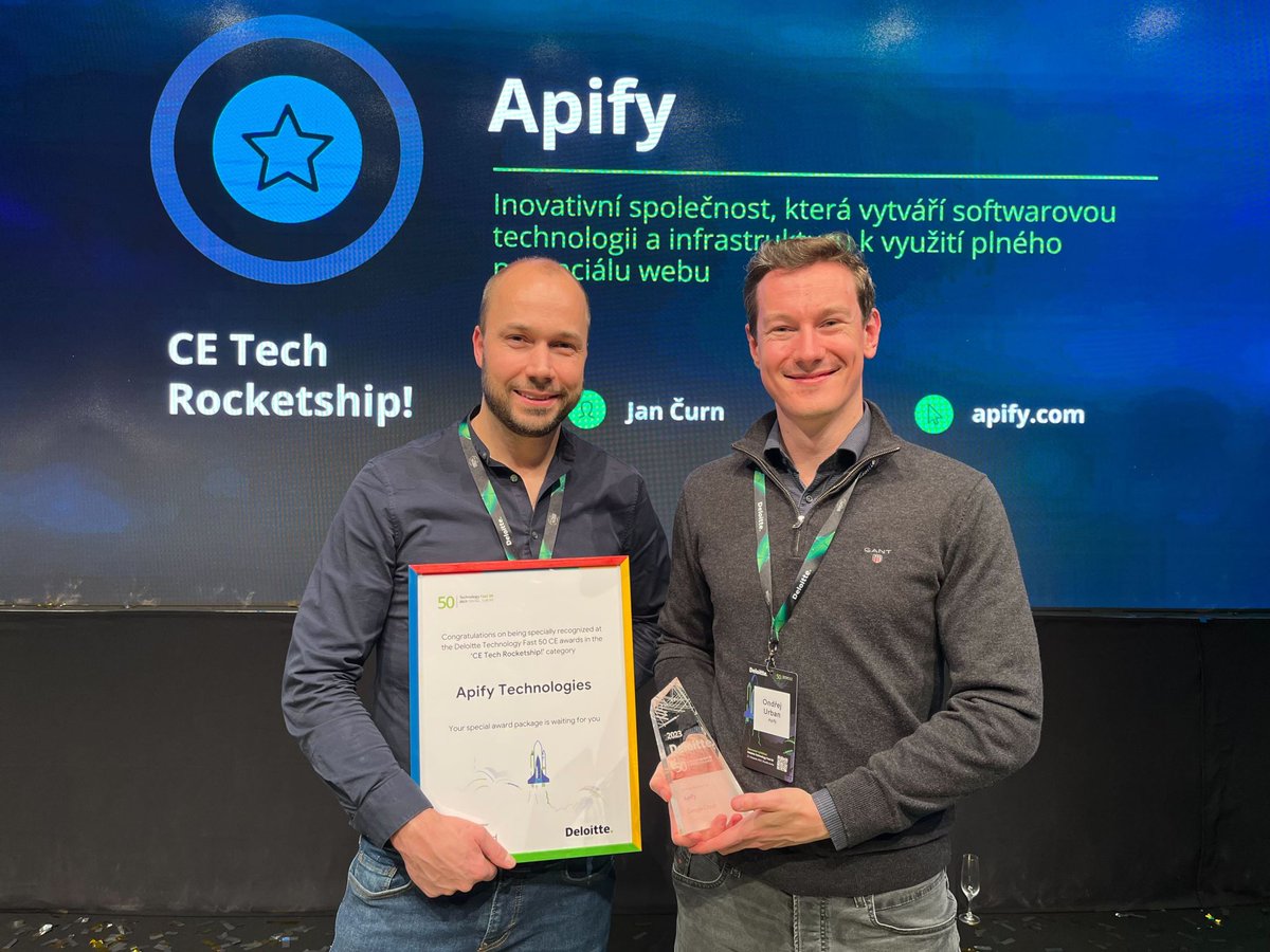 jancurn's tweet photo. On Thursday night, @apify was awarded by @Deloitte's #fast50 and @googlecloud as the CE Tech Rocketship: "This special recognition awards companies that have developed high-quality, scalable solutions with the potential to serve the most demanding customers in the market."

We're very grateful for the recognition and will keep working on our growth rate to rank well in the main category next year :)

Big thanks to the Deloitte team for organizing this competition and the wonderful related events.