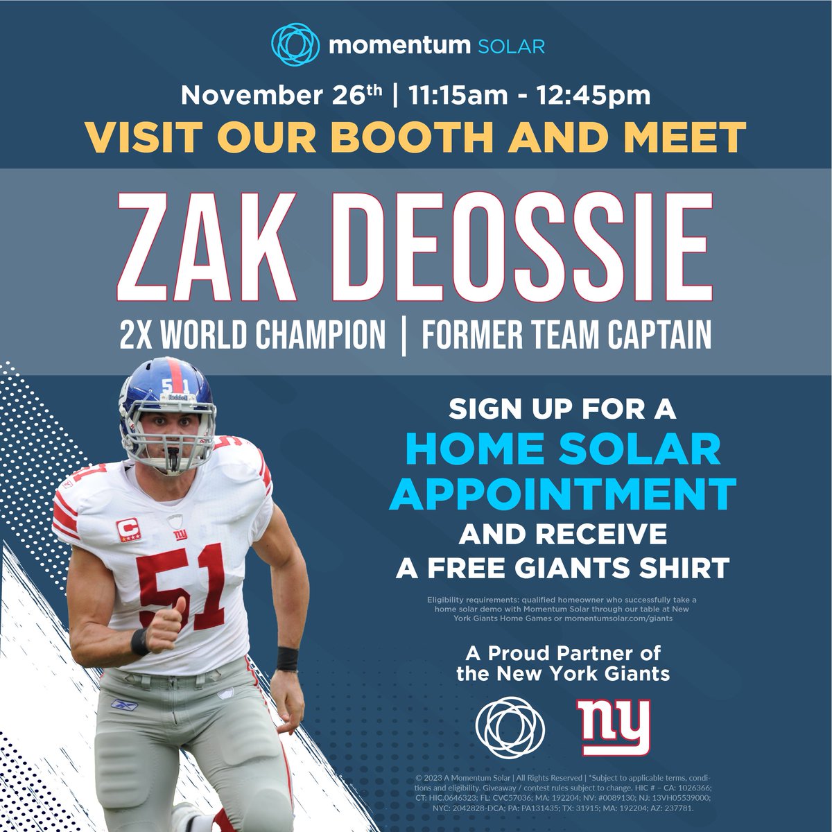 momentumsolar's tweet image. Cheer on the NY Giants and make sure to stop by the Momentum Solar booth at the game! 🏈☀️ Learn about solar and meet Giants legend Zak DeOssie! It’s a winning day all around! #NYGiants #SolarEnergy #GameDayFun