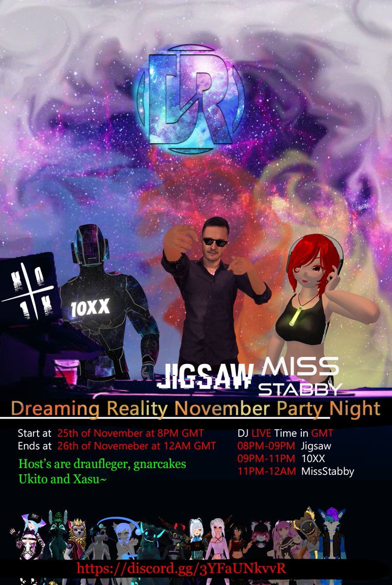 party lets gooo join on one of our hosts or in our group + instance vrch.at/xc3z3bym