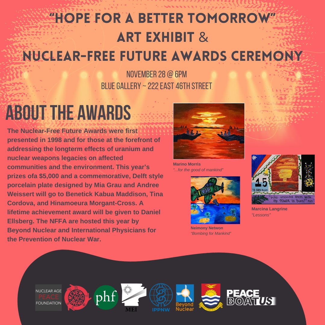 Join us to appreciate some incredible original artwork by Pacific youth, followed by the Nuclear-Free Future Awards ceremony at the Blue Gallery! 🌏🎨

#TPNW #YouthArt #RTT #nucleardisarmament #2MSP #NuclearFreeFuture