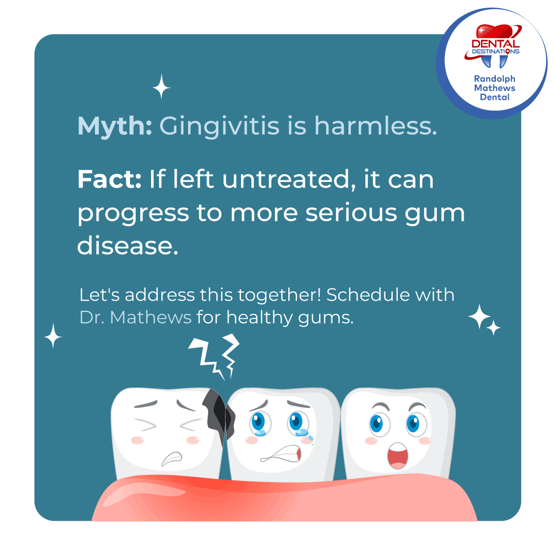 RMathewsDental's tweet photo. Myth: Gingivitis is harmless.

Fact: If left untreated, it can progress to more serious gum disease.

Let's address this together! Schedule with Dr. Mathews for healthy gums. 🦷💙 #GingivitisAwareness #OralHealth https://t.co/cWQ82CZMTp