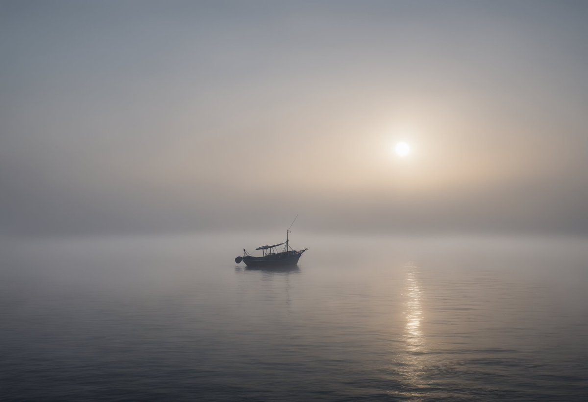 Solitary boat in a misty sea at sunrise.

#SereneSea #MistyMornings #SunriseSilhouette #SailingSolo #OceanTranquility #FoggyHorizon #NauticalDawn #SeascapePhotography #MarineMystique #GoldenSunbeam