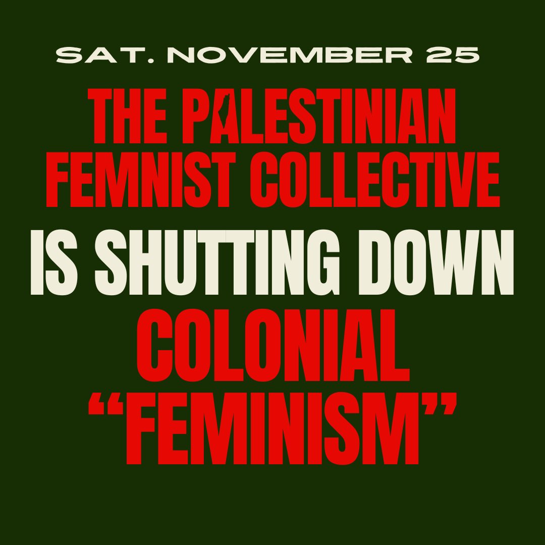 On the International Day for the Elimination of Violence Against Women, the Palestinian Feminist Collective invites you to  #shutdowncolonialfeminism and say NO to genocide. Read our full statement palestinianfeministcollective.org/shut-down-colo…