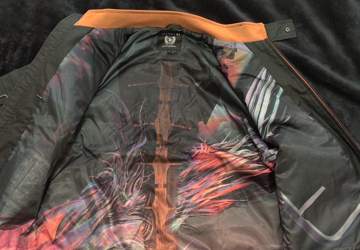 prof_reckless's tweet photo. Took forever to get here, but this #destiny2 #rootofnightmares raid jacket is fucking sweet ass. Love the attention to little detail and the quality is top tier https://t.co/vIL6Zr13ph