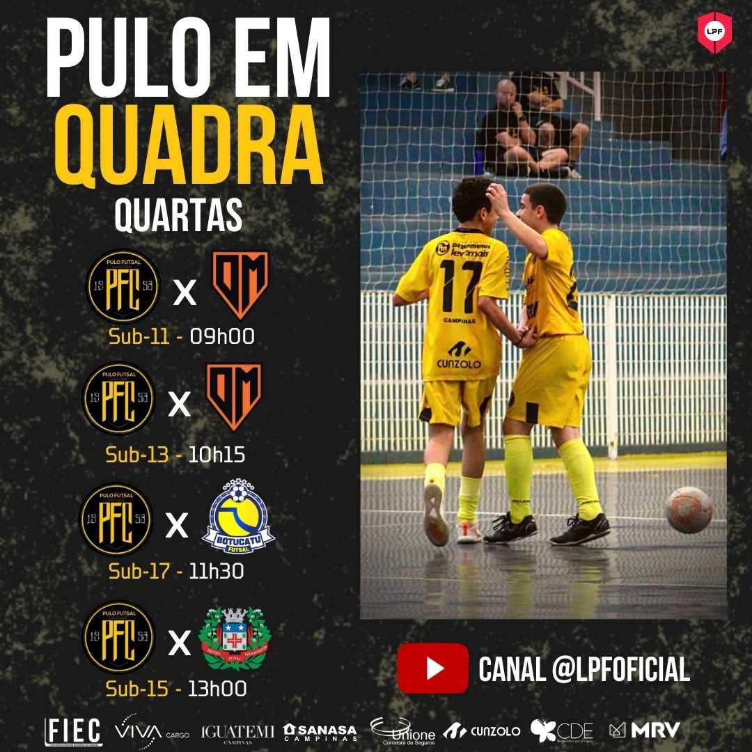PuloCampinas's tweet photo. Chegou a hora das quartas de final da Liga Paulista Júnior de Futsal! 

Neste domingo, nossas equipes das categorias Sub-11, Sub-13, Sub-15 e Sub-17 entram em quadra em busca das classificações às semifinais, no Ginásio de Esportes Lazaro Germano, em Guararema. https://t.co/F6g0NkGcsN