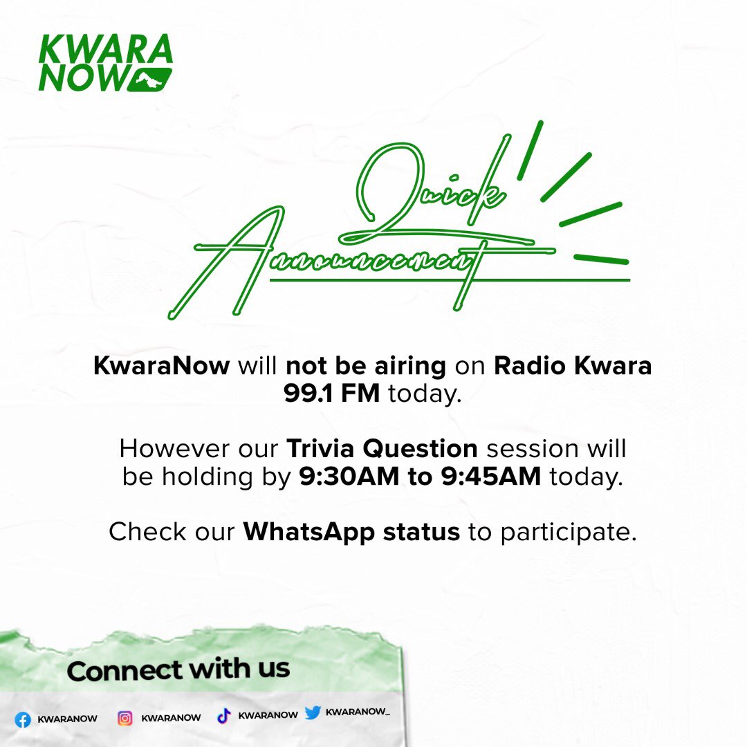 kwaranow_'s tweet photo. Do you want to win 5000 naira cash today😁?
Then, send us a DM quickly to engage in the trivia question coming up on our WhatsApp status (07044990068) by 9:30am. @YinkaFafoluyi @adamaleew23 @Naija_PR @radiocast_ng 

#triviachallenge #fun #Kwaranow #kwarans #kwarastate #APC https://t.co/znveMJRibb
