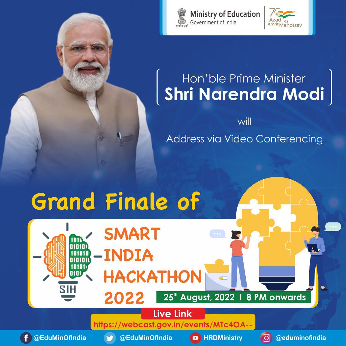EduMinOfIndia's tweet photo. Today, Hon’ble Prime Minister Shri @narendramodi will address the Grand Finale of Smart India Hackathon 2022 from 8 PM onwards via video conferencing. #SIH2022 

Watch live here: https://t.co/3brigO5QII https://t.co/xJi4xIaoW2