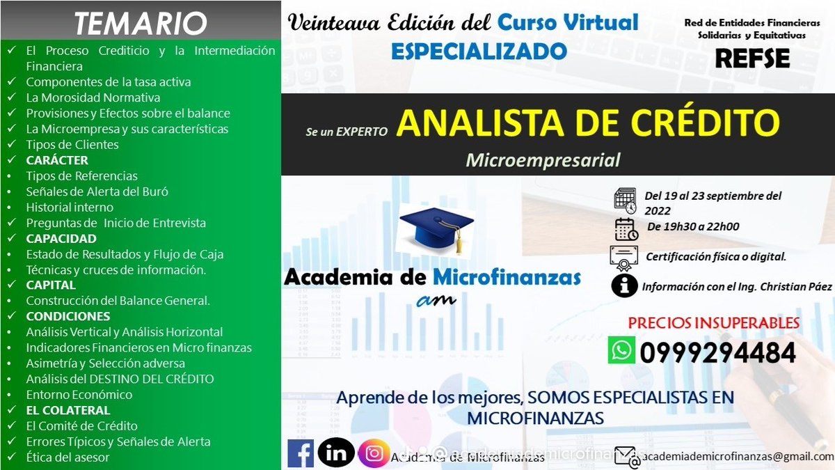 Academia de Microfinanzas

Cursos para Septiembre y Octubre

Informes al +593 99 929 4484 con el aval de  Refse Red De Entidades Financieras Equitativas