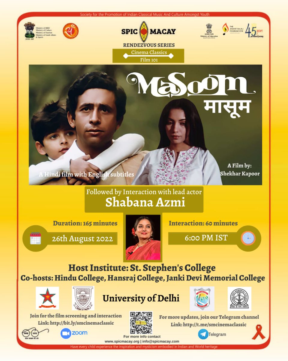 BabitaMahaptra's tweet photo. SPIC MACAY is screening Masoom as part of it's Cinema Classics module on 26th August at 6PM IST. We will be joined by @AzmiShabana ji to introduce the film and also for interaction with participants after the film @spicmacay Please join in the zoom link https://t.co/KWM4PLCfEc https://t.co/aj89hTYEJp