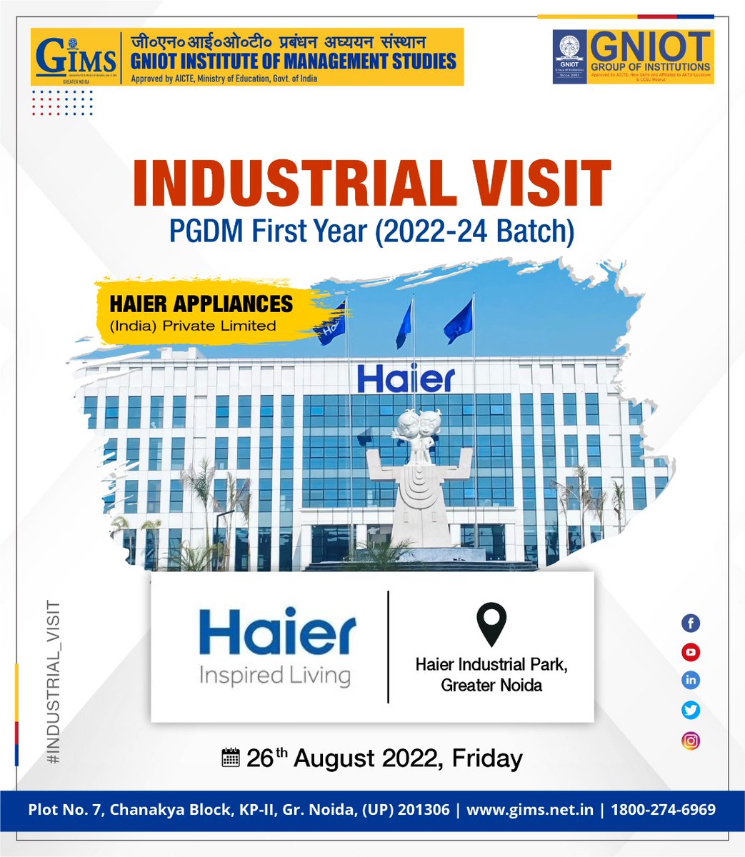 GNIOTCollege's tweet photo. GIMS, Greater Noida, is organizing an Industrial Visit to Haier Appliances (India) Pvt. Ltd. for PGDM Batch 22-24.
Visit our Website: https://t.co/vGfFB3T9Dt
Toll Free No.: 18002746969
#GNIOT #GIMS #GNIOTGroup #GreaterNoida #PGDM #Industrial_Visit #HaierAppliances #HaierGroup https://t.co/rZ7gBVlHLS