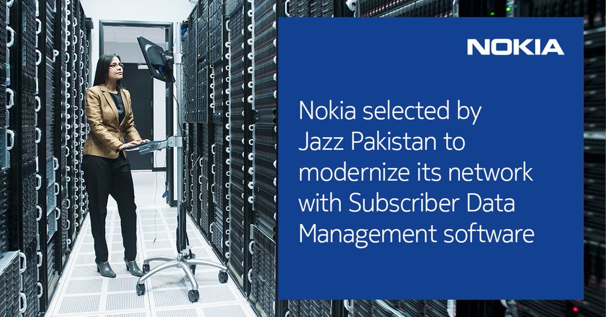 nokia's tweet photo. To drive new customer services and experience, Pakistan’s largest mobile operator @jazzpk has selected Nokia Subscriber Data Management software. Find out more: https://t.co/mePsaYdpAi https://t.co/8rsgLBhr3h