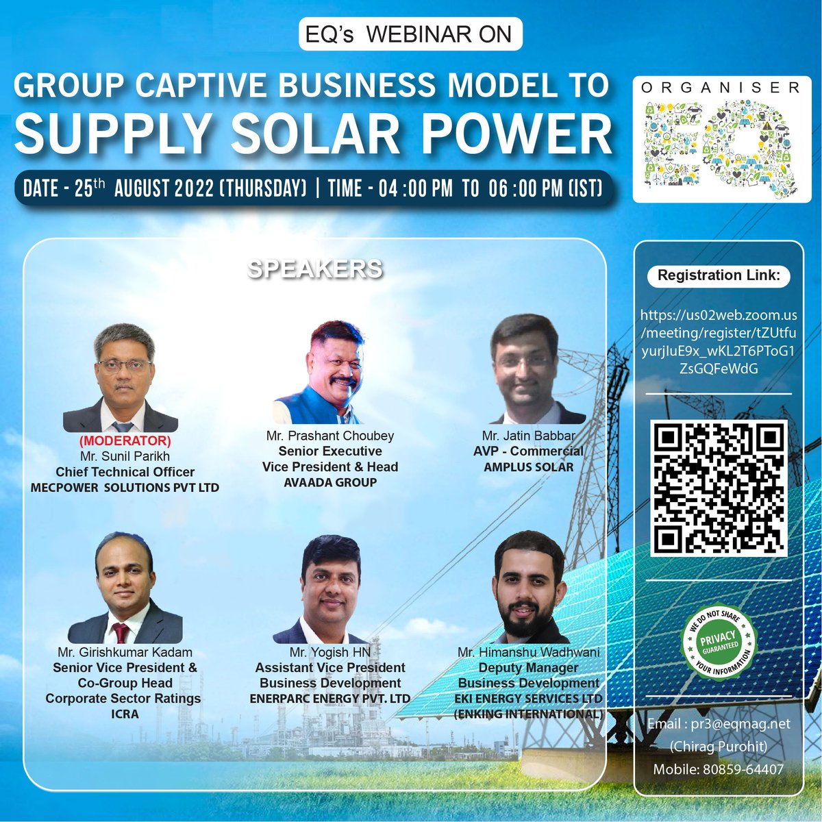 EQMagPro's tweet photo. EQ Webinar on Group Captive Business Model to Supply Solar Power 25th August 2022 (Thursday) 4:00 PM Onwards....Register Now!
https://t.co/3qKHN8vQL2
@avaadaenergy @amplussolar @ICRALimited
@LtdMecpower @Enerparc_AG @EKIEnKing
#EQ #Webinar #GroupCaptive #SolarPower https://t.co/V8LeGD1cjp