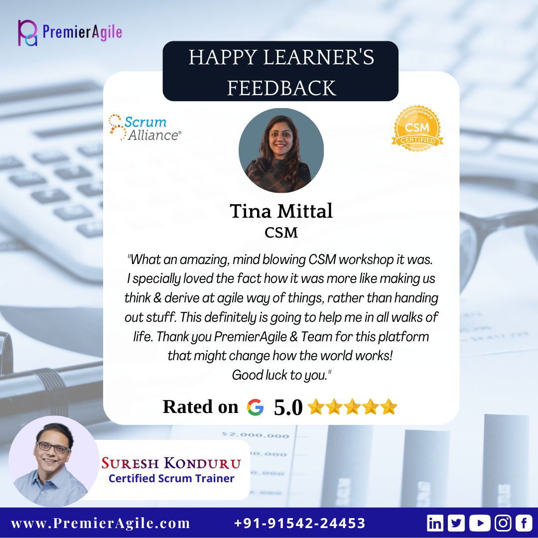 PremierAgile's tweet photo. Hi Tina Mittal Thank you so much for your detailed review about CSM Workshop. Your feedback is precious for us. We do pride ourselves on offering great workshop experience. Thank you for choosing PremierAgile
@SureshKonduru77
#workshop #happylearner #review https://t.co/j0VSbIpTMA