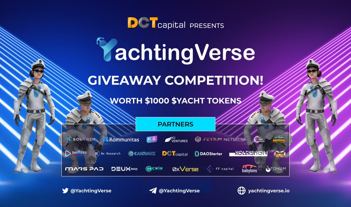 <a href="/YachtingVerse/">YachtingVerse</a> #Giveaway Competition🔥🥳
An open world marine themed VR platform built on Cross Chain🚀

On the Occasion of Upcoming #IDO Giving Rewards For Early Users. Tag 3 Friends

gleam.io/WVFh6/yachting…

Reward Pool: $1000 $YACHT Tokens

#DctCapital #Airdrop #Crypto #DCT