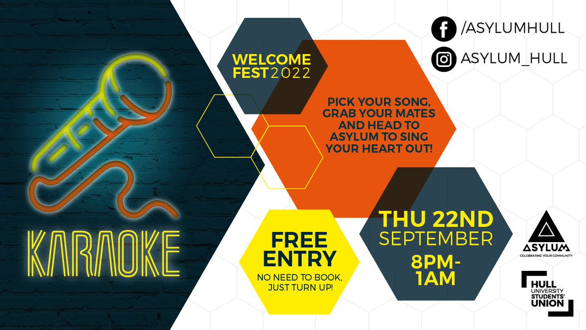 HullUniUnion's tweet photo. Join us for the first Karaoke of the new term during WelcomeFest🎤
You'll be buzzing to come back each and every Thursday night!
#WelcomeFest #WelcomeFest22 #Freshers #Freshers22 #FreshersWeek #FreshersWeek22 #HullFreshers #HullFreshers22 #Welcome https://t.co/RoYC8qZoHE