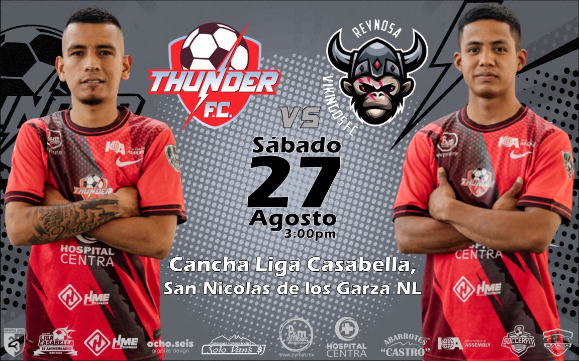 Te invitamos este sábado 27 de agosto al partido de ida de la Semifinal de Conferencia, contra los F.C Vikingos Reynosa. 
Partido donde buscaremos dar el primer paso rumbo a la Final de nuestra Conferencia, tendremos regalos y grandes sorpresas para ti!
#FeelTheThunder