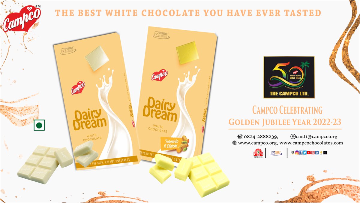 campcochocolate's tweet photo. "THE BEST WHITE CHOCOLATE YOU HAVE EVER TASTED" The joy of best taste. The Lighter Way To Enjoy #Chocolate. The perfect way to end your day. The sweet you can eat between meals #Campco #CampcoChocolate #Chocolate #GoldenJubilee #DairyDream #WhiteChocolate #AzadiKaAmritMahotsav https://t.co/VGRyAjeIGC