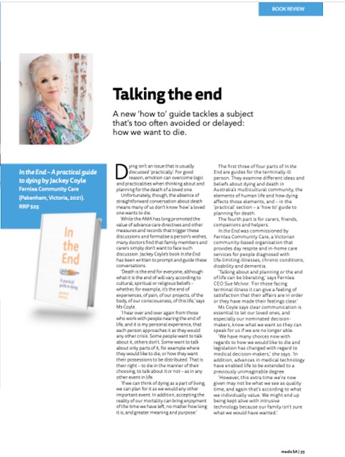 wordygurdy's tweet photo. Great to see 'In the End' reviewed in the AMA South Australia's August issue of 'MedicSA'.
https://t.co/ItZrUh56x4 https://t.co/8dq9WFVQtQ
