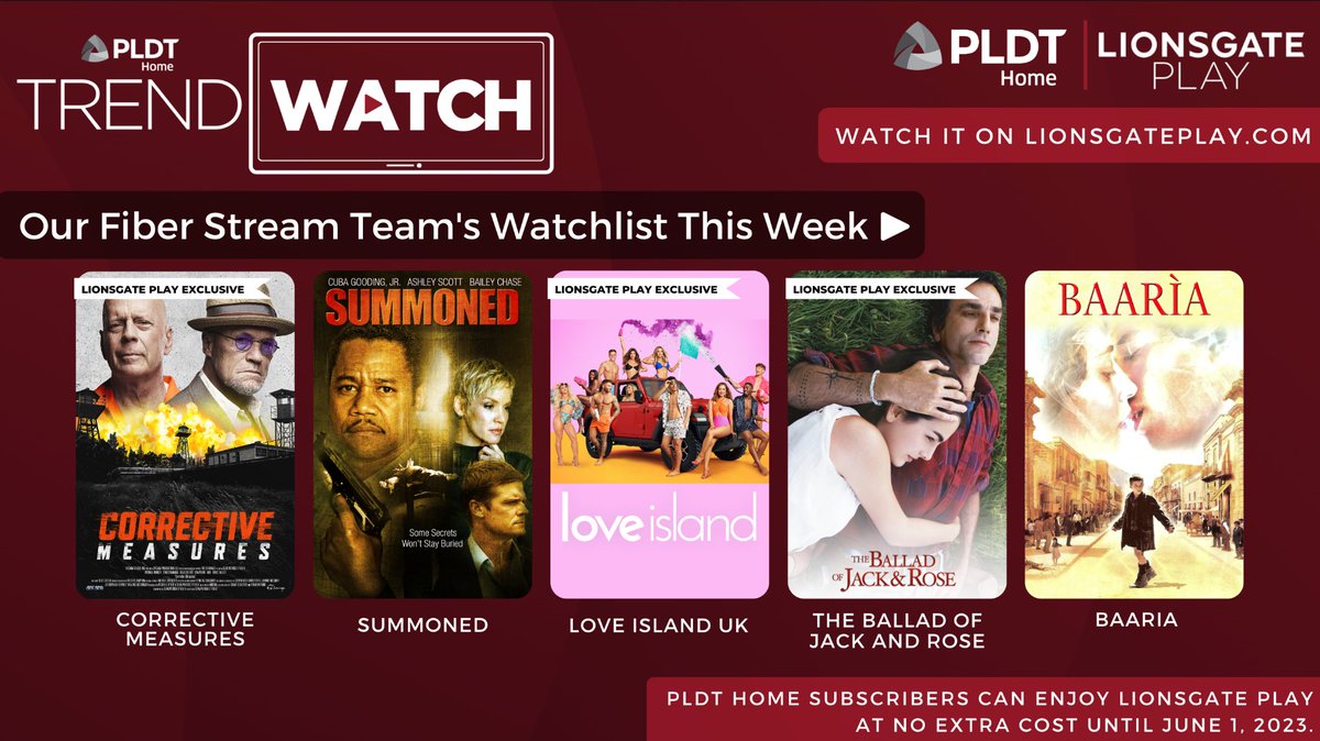 PLDTHome's tweet photo. Ready? Time to #PlayMoreBrowseLess with #LionsgatePlay.
Here’s this week’s #PLDTHomeTRENDWATCH!
Enjoy #EntertainmentMadeBetter here:
https://t.co/YHhNXVqA0J
NOW STREAMING :
📺 #CorrectiveMeasures
📺 #Summoned
📺 #LoveIslandUK
📺 The Ballad of Jack and Rose
📺 #Baaria https://t.co/uQcCD05Cmr