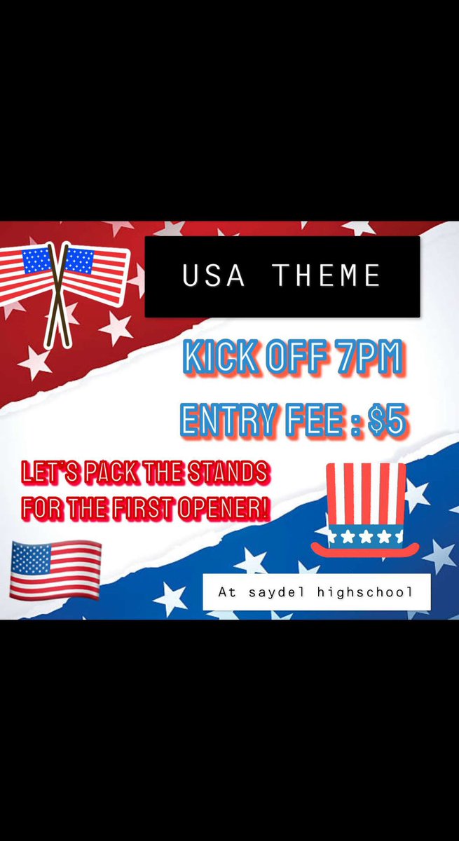 saydelstudsect's tweet photo. 🚨FOOTBALL HOME OPENER🚨
👕USA theme
📍Saydel High School
🏈 Kickoff @ 7pm
💰$5 entry fee
‼️be there and be loud‼️ https://t.co/RzSLqtdfcq