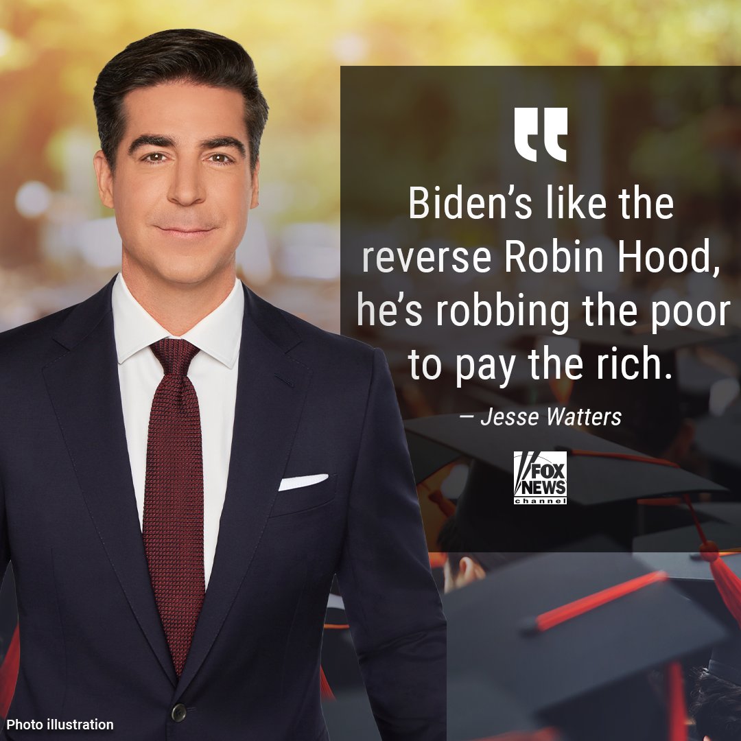 FoxNews's tweet photo. BIDEN’S BIG BRIBE: @JesseBWatters rips president's new handout: ‘Workers with high school diplomas shouldn’t be paying off loans for grad students.’ https://t.co/JqEeK27bQK https://t.co/VxBl1BQ1Ga