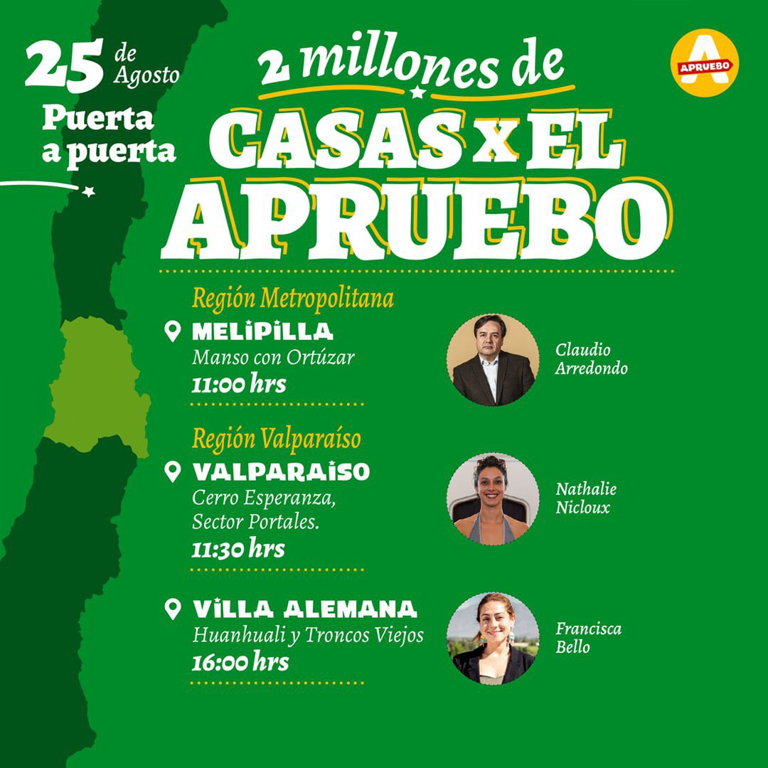 La gira #2MillonesDeCasas x el #Apruebo sigue y te necesitamos para cumplir la meta!🇨🇱

Revisa las actividades de tu comuna y súmate, porque #ElCambioEsAhora 🙌

Te esperamos para los puerta a puerta ❤️