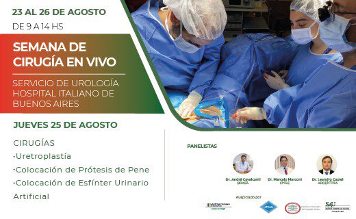 UroHIBA's tweet photo. Mañana continuamos Semana de Cirugía en Vivo del @UroHIBA 

Cirugías 
-Uretroplastía #GabrielFavre 
-Prótesis de Pene #OmarLayus
-Esfínter Urinario Artificial @matiasigonza 

Panelistas #MarceloMarconi 🇨🇱 #AndreCavalcanti 🇧🇷 #LeandroCapiel  🇦🇷 

https://t.co/hJF3fdoMy6… https://t.co/P9oYhrDCgL