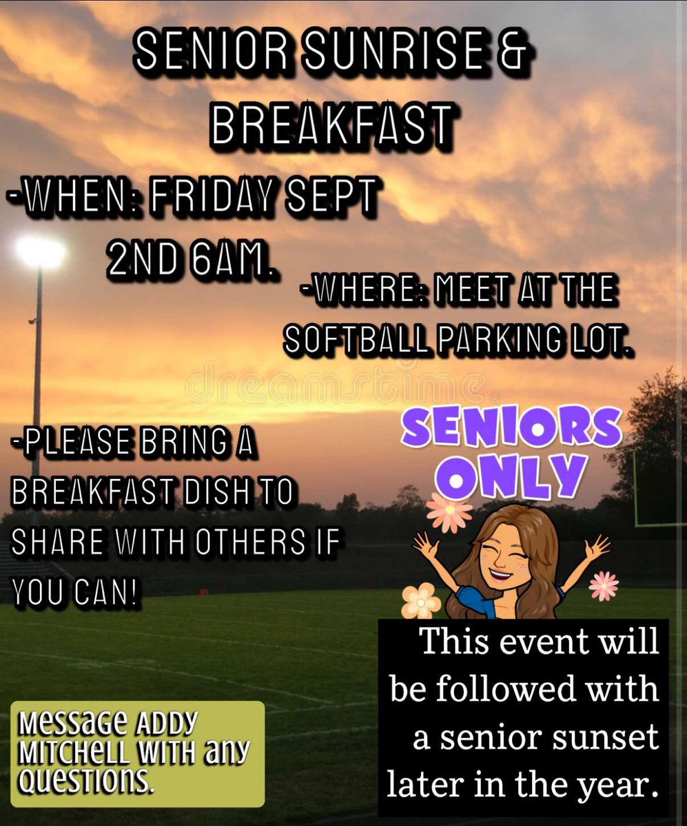saydelstudsect's tweet photo. ☀️SENIOR SUNRISE &amp; BREAKFAST☀️
❕Friday September 2nd @ 6am
📍Softball parking lot
Please bring a breakfast dish to share if you can. https://t.co/CFvE5TOBmj