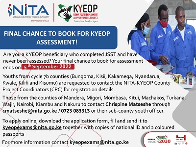 amasinforms's tweet photo. NITA-KYEOP 2022 News - Assessment To End 5th September 2022> https://t.co/MVoMeliEGt
#KenyaYouthEmploymentandOpportunitiesProject #ExtensionofAssessmentRegistration #KYEOPAssessment #AssessmentandCertification #partnerships4development @nita_kenya
@KYEOP_Kenya https://t.co/hvpFQjQFOV