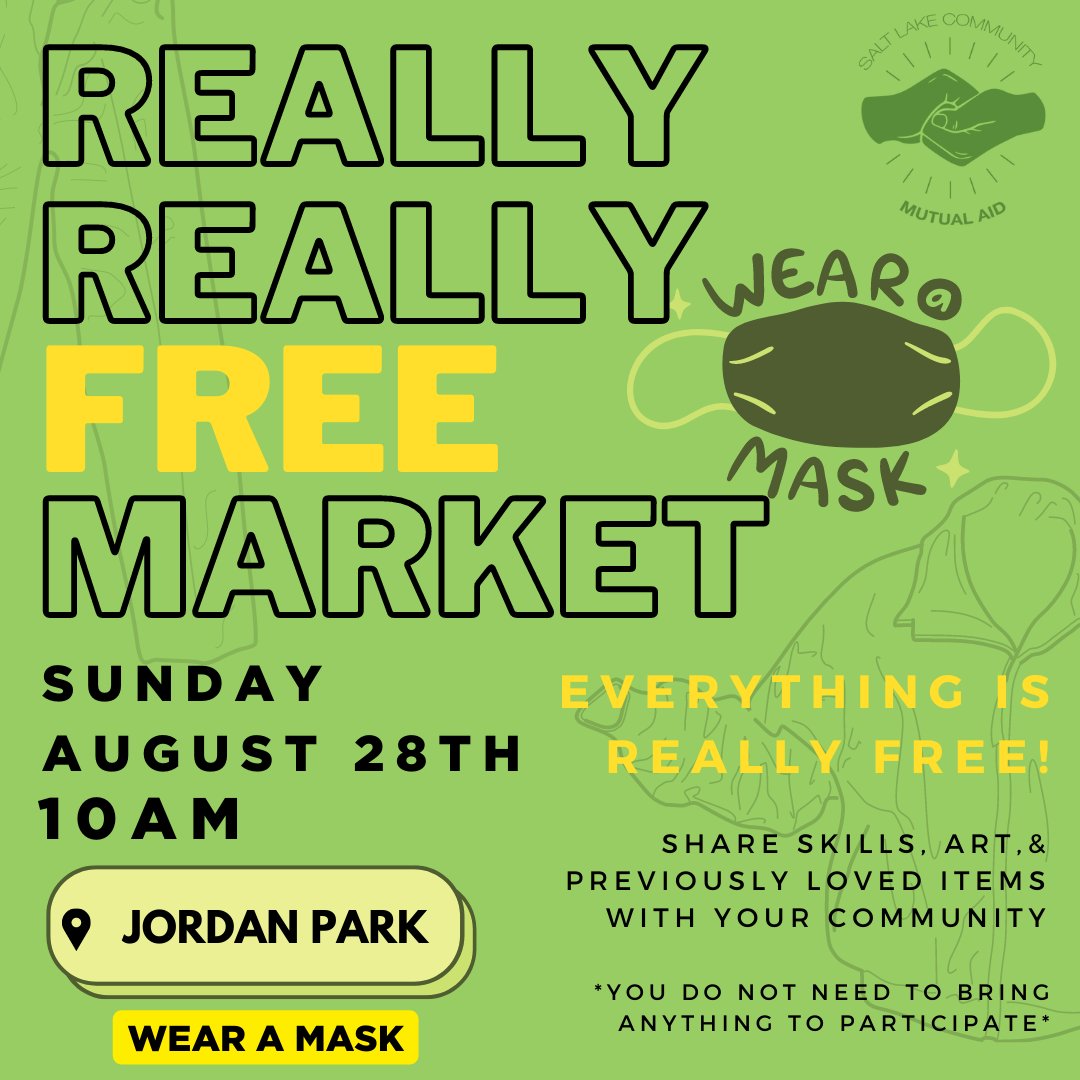 Our next Really Really Free Market is this Sunday at Jordan Park starting at 10am!
Make sure to come hydrated and masked!