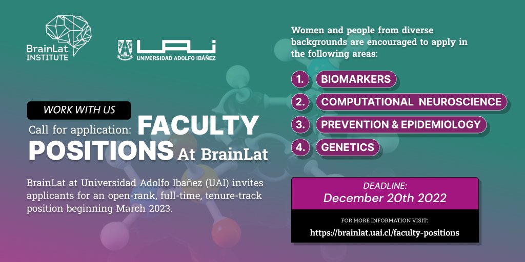 📢 Join our brain health research team! <a href="/BrainlatUAI/">BrainLat UAI</a> is hiring researchers in the field of biomarkers, computational neuroscience, prevention &amp; epidemiology, and genetics. 
✅ Apply here now: brainlat.uai.cl/faculty-positi…
More details on the flyer 👇
<a href="/atlanticfellows/">Atlantic Fellows</a> <a href="/tcddublin/">Trinity College Dublin</a>