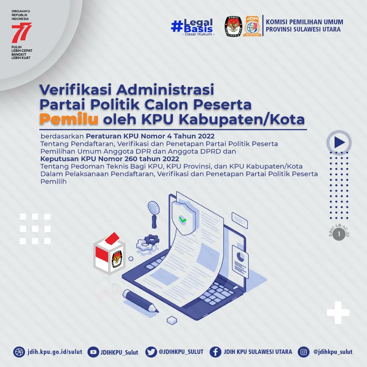 JDIHKPU_SULUT's tweet photo. #SobatJDIH
Selamat Pagi Sobat JDIH KPU 🤩🙏🏻
Konten #legalbasis seri 42 hari ini akan mengulas tentang Verifikasi Administrasi Partai Politik Calon Peserta Pemilu Oleh KPU Kabupaten / Kota. Yuk Simak grafis berikut ini ...

Jangan lupa like komentar dan bagikan ya 🤩🙏🏻 https://t.co/ZISVZKoVvQ