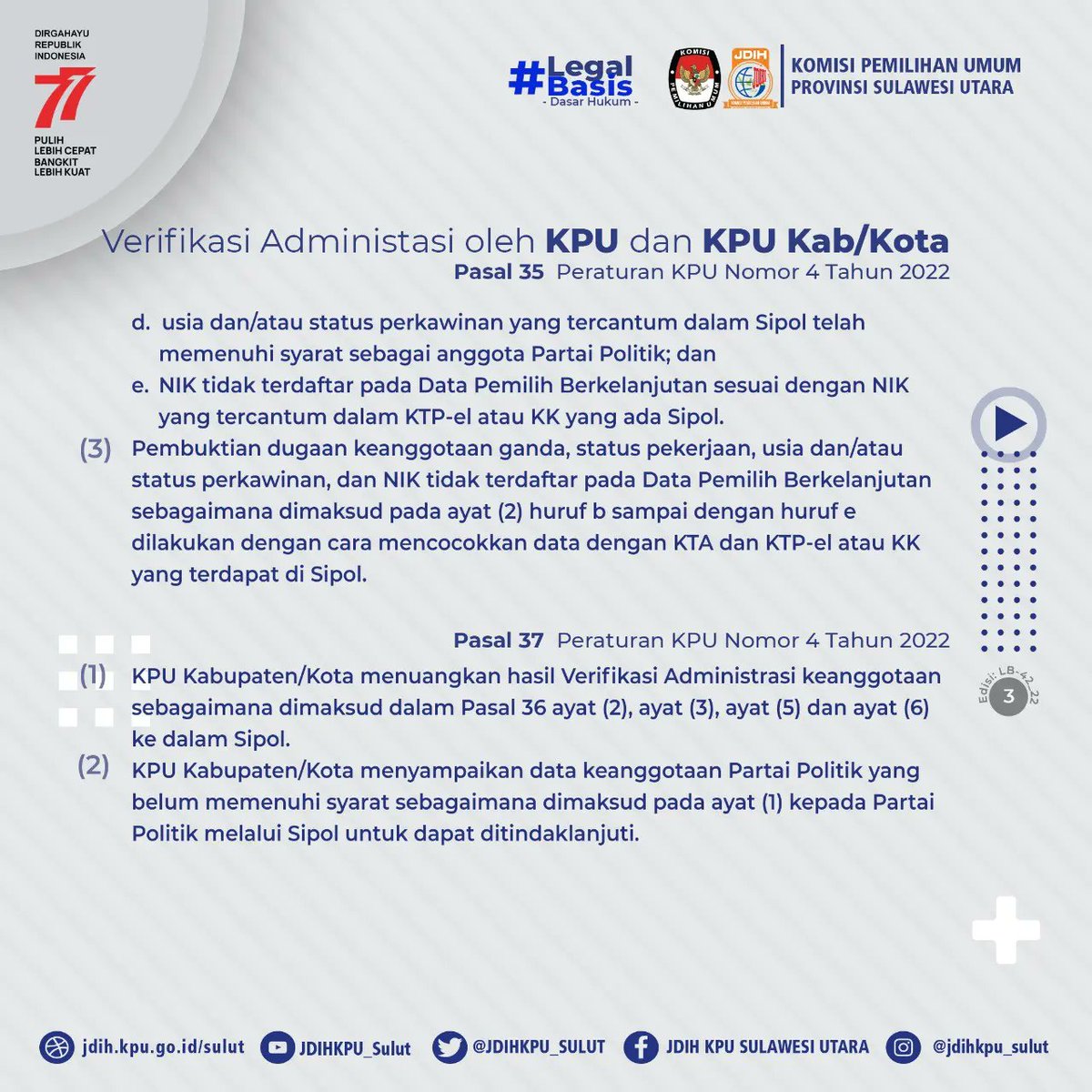 JDIHKPU_SULUT's tweet photo. #SobatJDIH
Selamat Pagi Sobat JDIH KPU 🤩🙏🏻
Konten #legalbasis seri 42 hari ini akan mengulas tentang Verifikasi Administrasi Partai Politik Calon Peserta Pemilu Oleh KPU Kabupaten / Kota. Yuk Simak grafis berikut ini ...

Jangan lupa like komentar dan bagikan ya 🤩🙏🏻 https://t.co/ZISVZKoVvQ