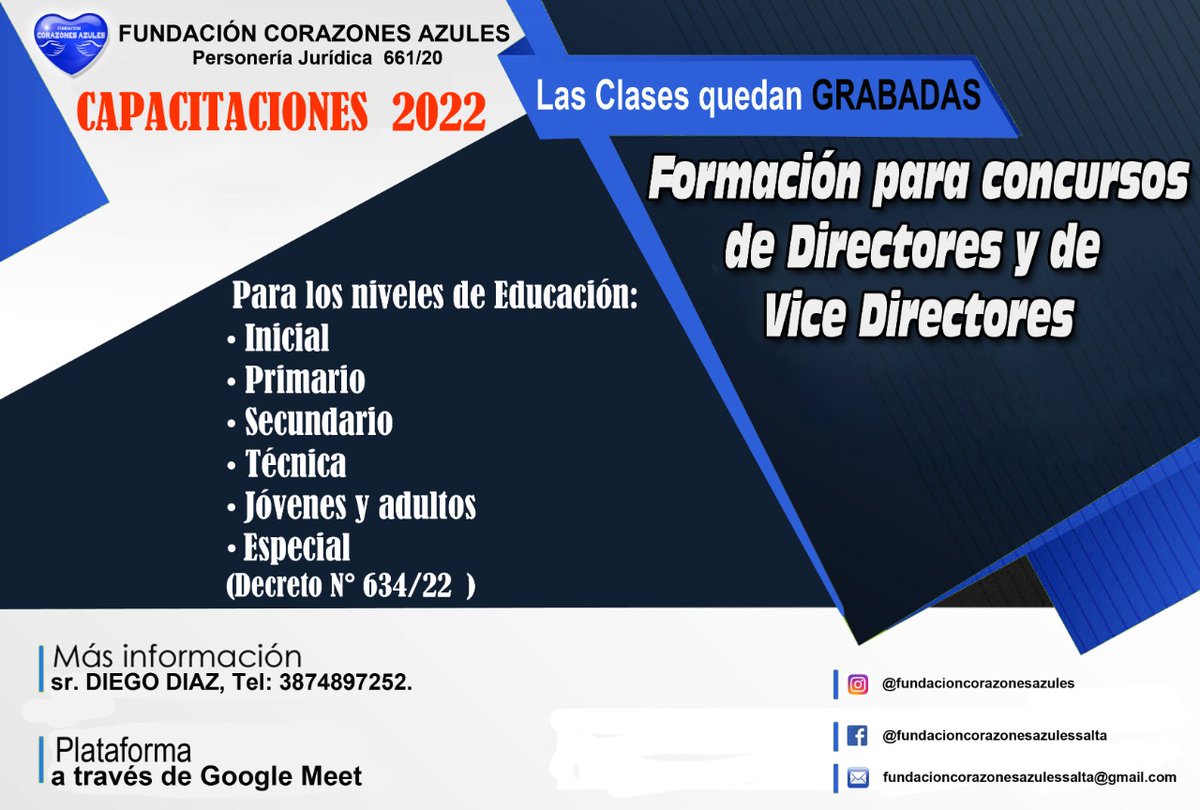 No podes dejar de participar de esta  Instancia de  Capacitación *Preparación para CONCURSO DE CARGOS DE DIRECTOR Y  VICEDIRECTOR*, decreto N° 634/22.
📚  por Google meet. 
📚 clases quedan grabadas. 
📚 Material de lectura. 
💡No te quedes afuera!!

📅Inicia Septiembre.