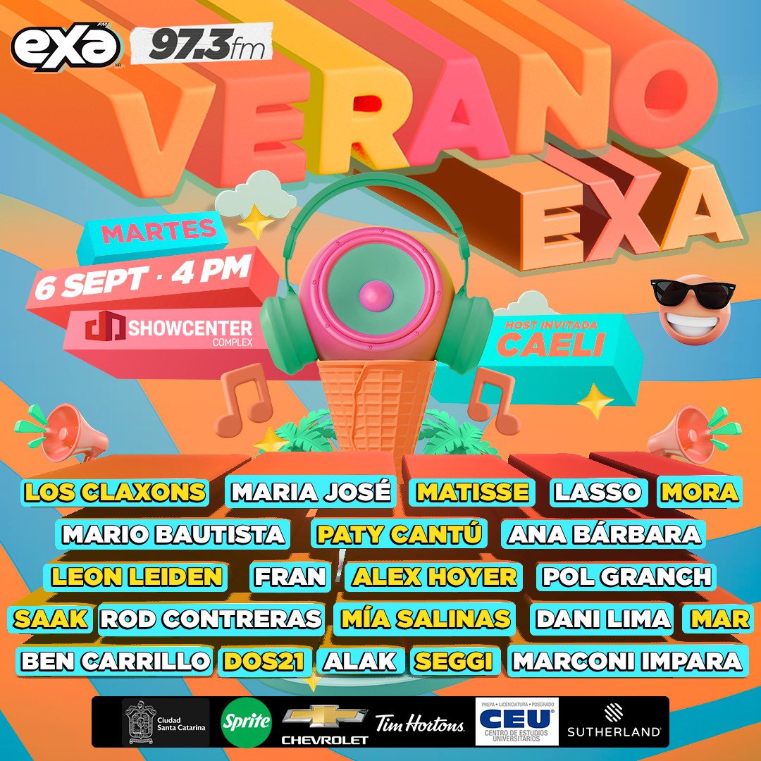 exafm973's tweet photo. ¡LINEUP OFICIAL!✨#VeranoExa 🏝🔊🎶 El concierto que reúne los artistas que son tendencia en SPOTIFY🎵, TIKTOK📱Y EXA FM📻

Disfruta de un concierto COMPLETAMENTE GRATIS 🫶❤️‍🔥 este  6 DE SEPTIEMBRE, 4PM en 
@showcentercomplex 😎🎉

RT + Usa el HT #VeranoExa y participa por 🎟🎟🎟 https://t.co/N2yjzeYzty