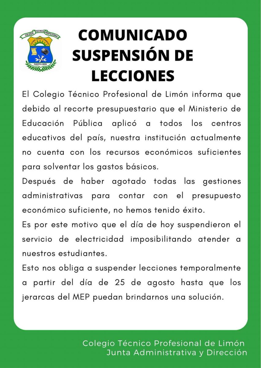 En Limon el apagón educativo es literal y concreto. Tristeza e indignación infinita por los niños y niñas sin la educación pública que tanto necesitan.