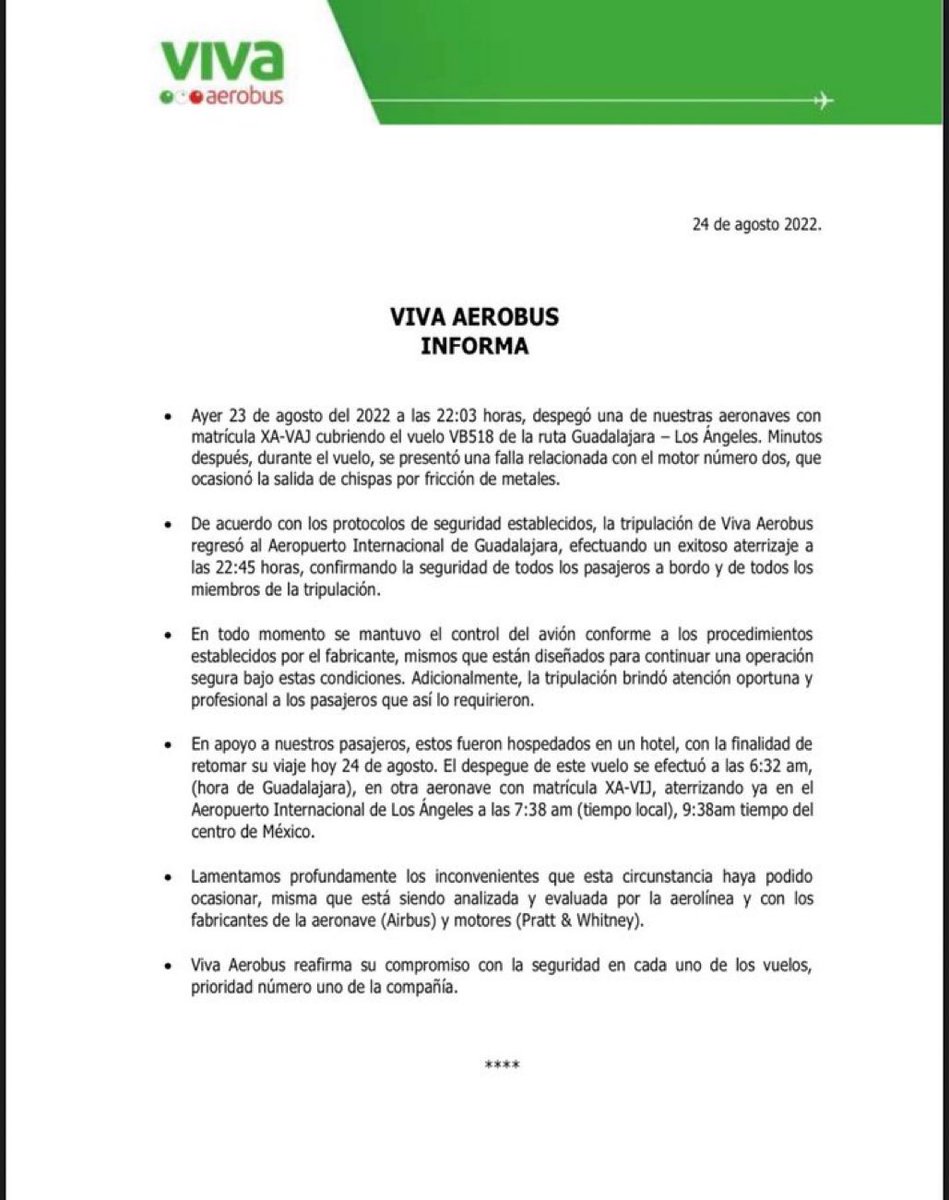 Central_CM's tweet photo. Información sobre el vuelo #VB518: se actuó con responsabilidad y siguiendo los protocolos establecidos. Los pasajeros fueron apoyados y aterrizaron hoy en Los Ángeles a las 9:38am. https://t.co/fOCAUFZxAW